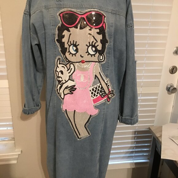I AM BETTY BOOP Handmade Long Distressed Denim Jacket Showstopper Large Jac1 - Picture 11 of 15